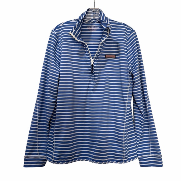 Vineyard Vines Women’s Large The Shep Shirt Blue and White Stripe Quarter Zip B7 - Picture 2 of 7